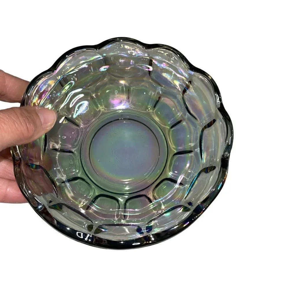 Vintage Carnival Glass Thumb Print Bowl Iridescent Gray Round Decorative